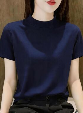 夏季藏蓝色半高领短袖针织女气质正肩纯色宽松显瘦高级感内搭上衣