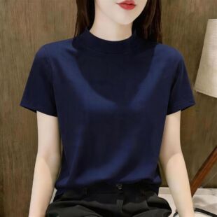 夏季藏蓝色半高领短袖针织女气质正肩纯色宽松显瘦高级感内搭上衣