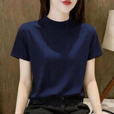 夏季藏蓝色半高领短袖针织女气质正肩纯色宽松显瘦高级感内搭上衣