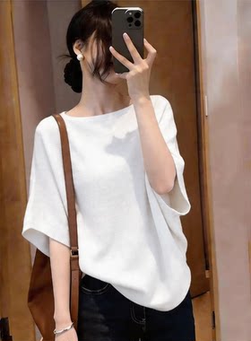 别致漂亮设计感白色半袖针织衫女夏季气质显瘦五分袖宽松百搭上衣