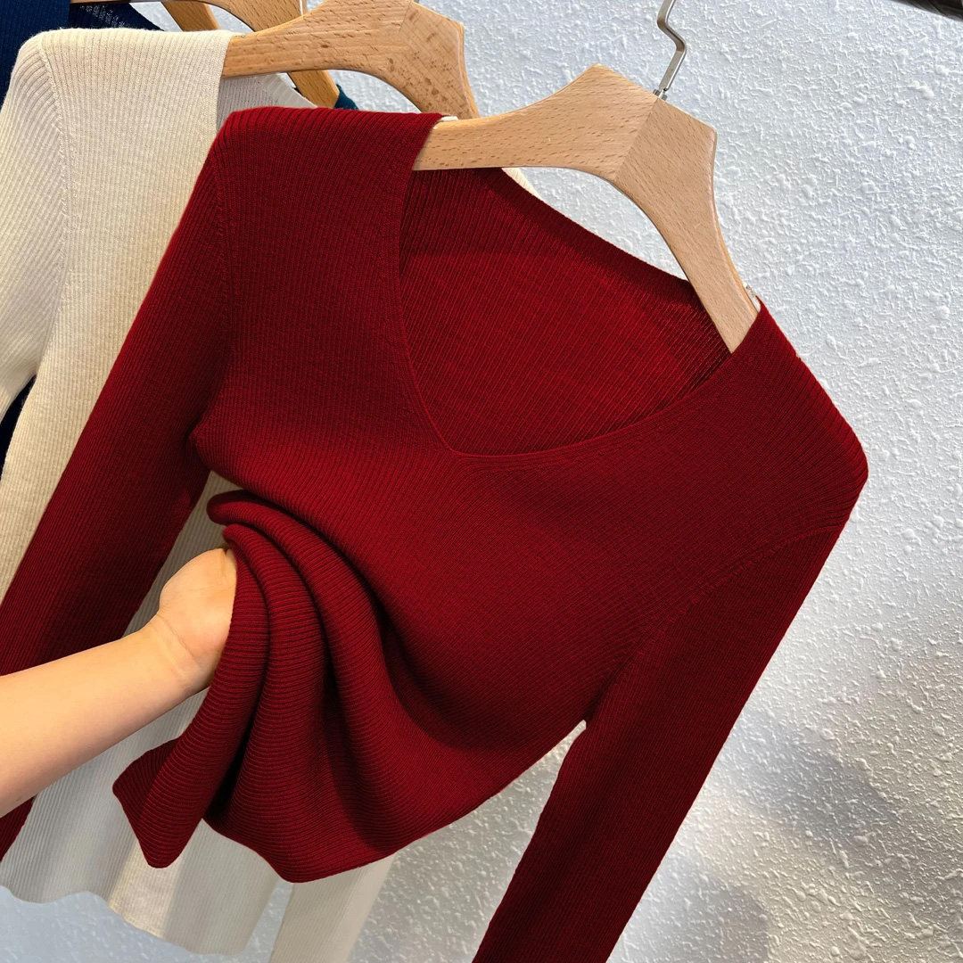 2025新款春秋薄款修身V领长袖上衣洋气韩版打底纯色简约针织衫女,女装/女士精品,毛针织衫,淘宝优惠券,粉丝福利购,淘宝优惠卷