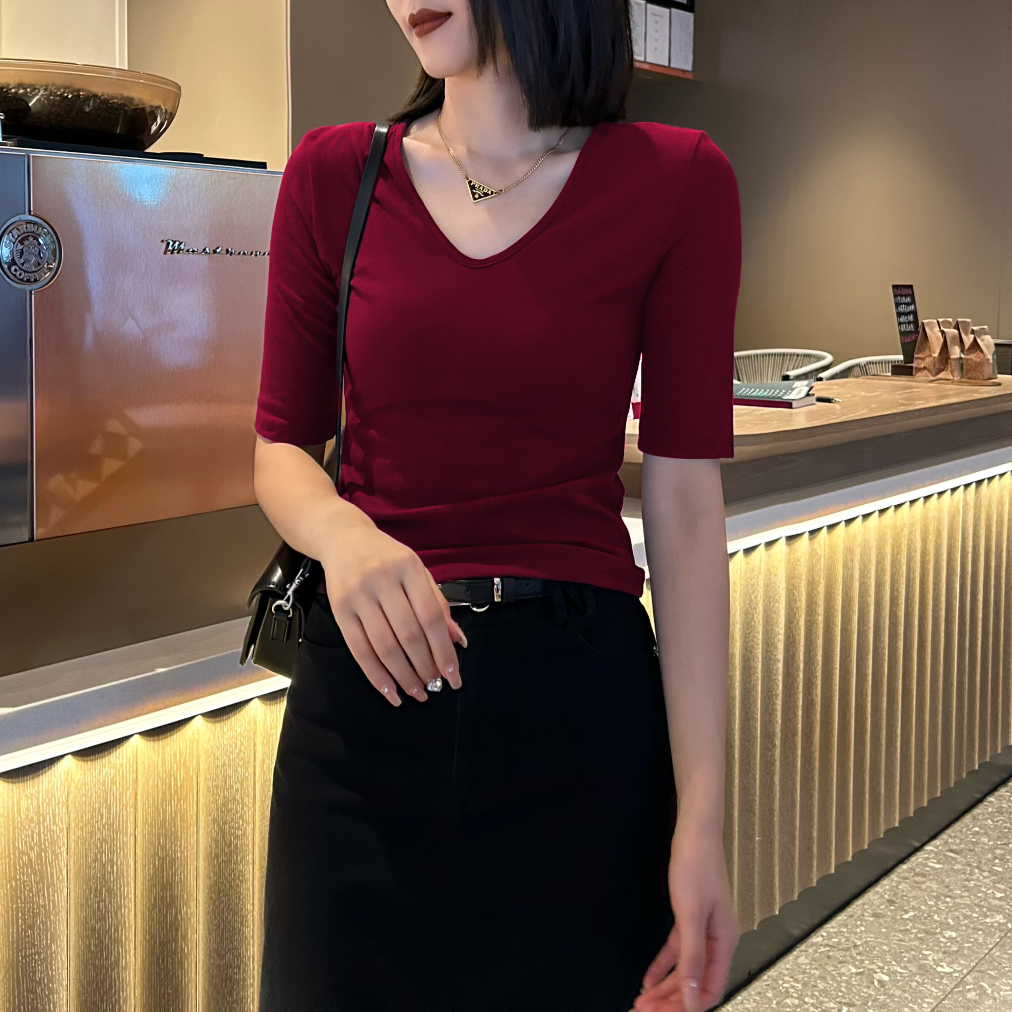 打底衫女春秋内搭修身V领性感