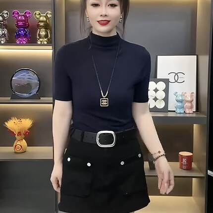 欧货半高领设计感中袖T恤女针织衫早秋2025新款洋气修身百搭上衣