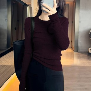 秋冬新款圆领修身打底衫女百搭洋气正肩长袖高级感针织内搭羊毛衫