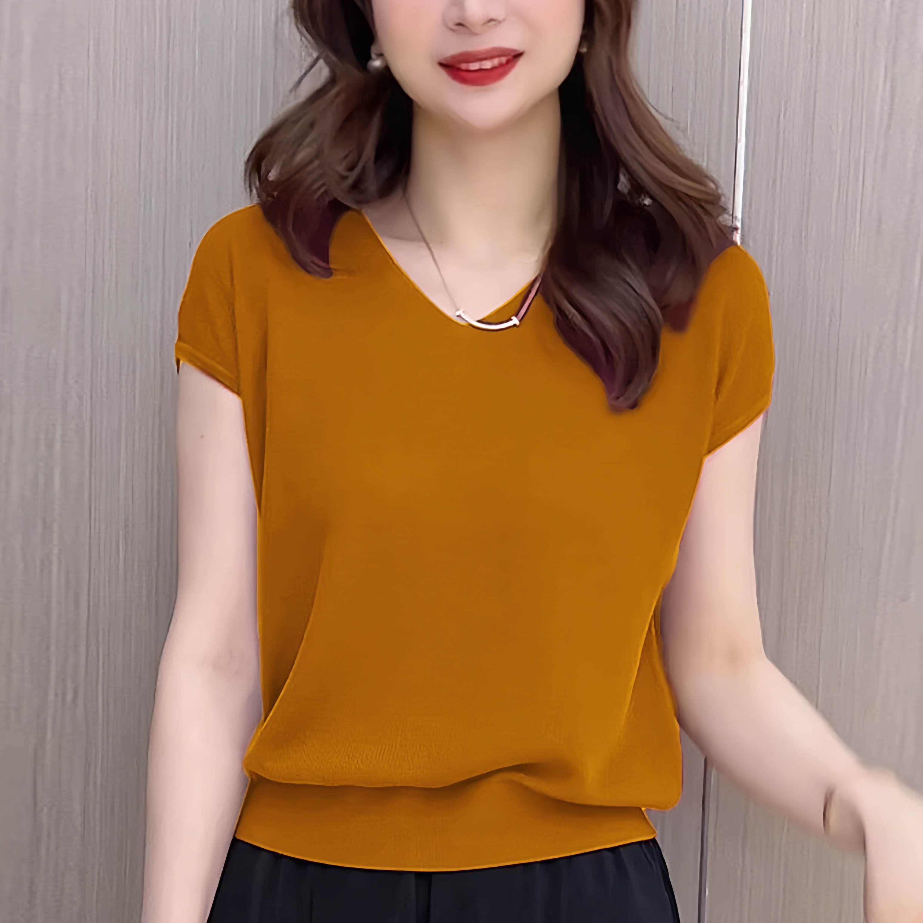 v领冰丝短袖t恤女2026新款秋季洋气减龄宽松显瘦百搭别致透气上衣
