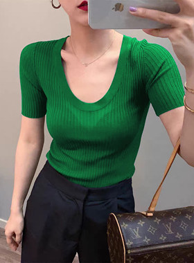 冰丝针织衫薄款女短袖上衣修身恤