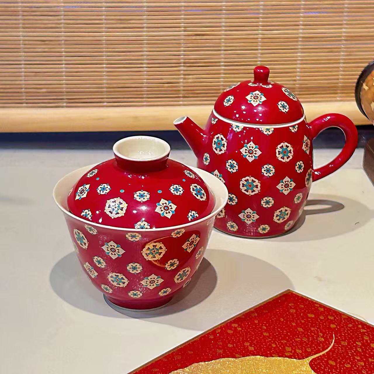 【琵琶缠花杯组】中国红琵琶纹陶瓷文创杯子 桌面摆件 7590