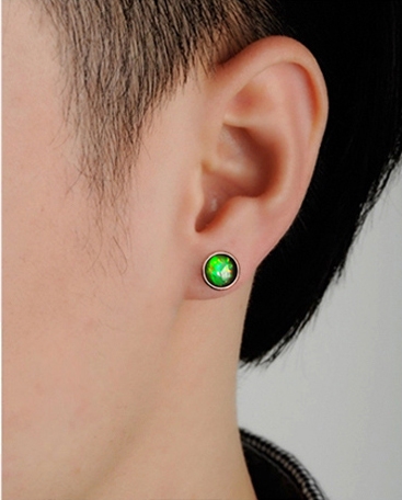 6mm水晶面覆膜加拿大斑彩石925银包镶防掉多彩潮流时尚男士耳钉