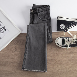 2024年春新款小个子毛边烟灰色牛仔裤女喇叭裤紧身微喇裤高腰显瘦