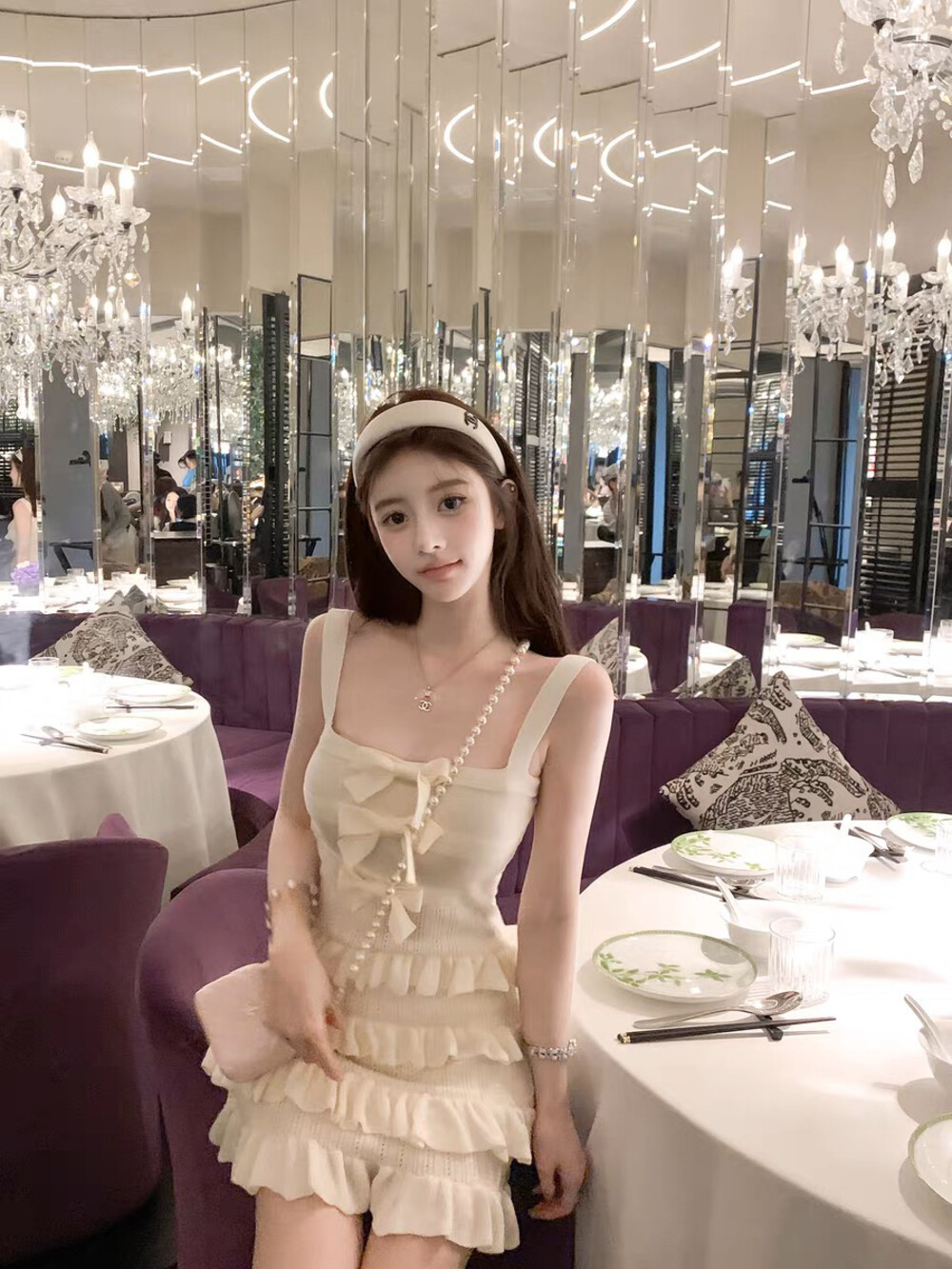 妥妥财阀千金～胸前三个蝴蝶结多层荷叶花边蛋糕吊带裙针织连衣裙