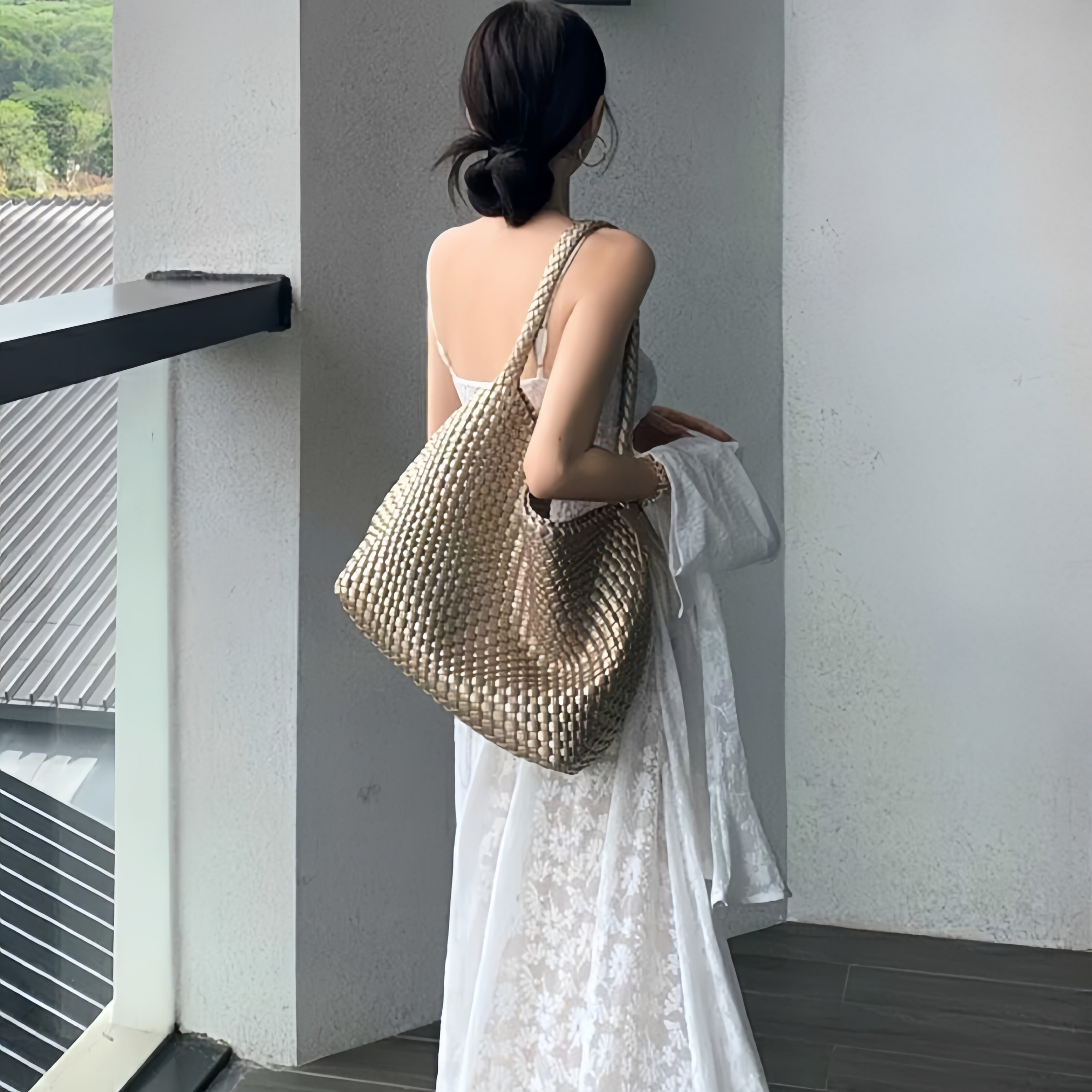 2026新款香槟色编织包女大容量通勤手提单肩包慵懒风高级感托特包