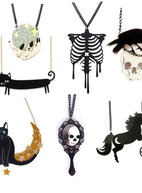 X万圣鬼节恐怖骷髅乌鸦水晶球黑猫亚克力夸张项链挂链
