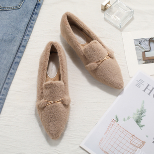毛毛鞋女2026新款时尚百搭尖头浅口平底豆豆鞋秋款潮鞋加绒单鞋女