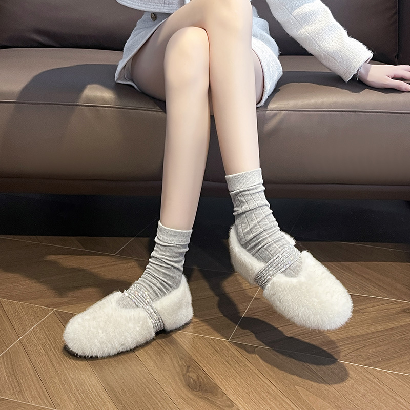 2025新款冬季水钻带百搭毛毛鞋女外穿法式玛丽珍一脚蹬加绒大码女