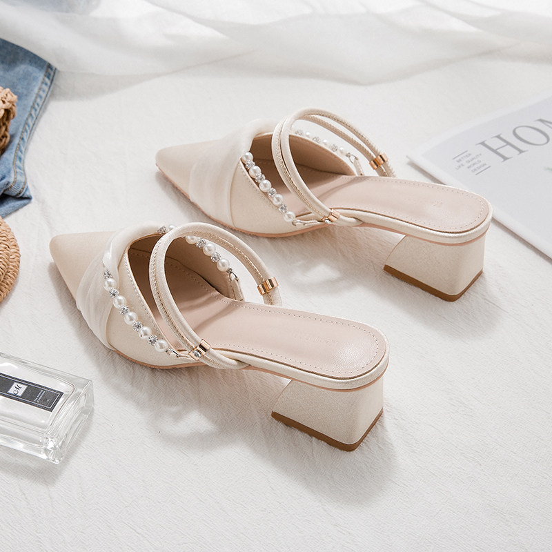 高跟凉拖女外穿2026春夏季新款百搭尖头时尚中跟粗跟包头半拖鞋女