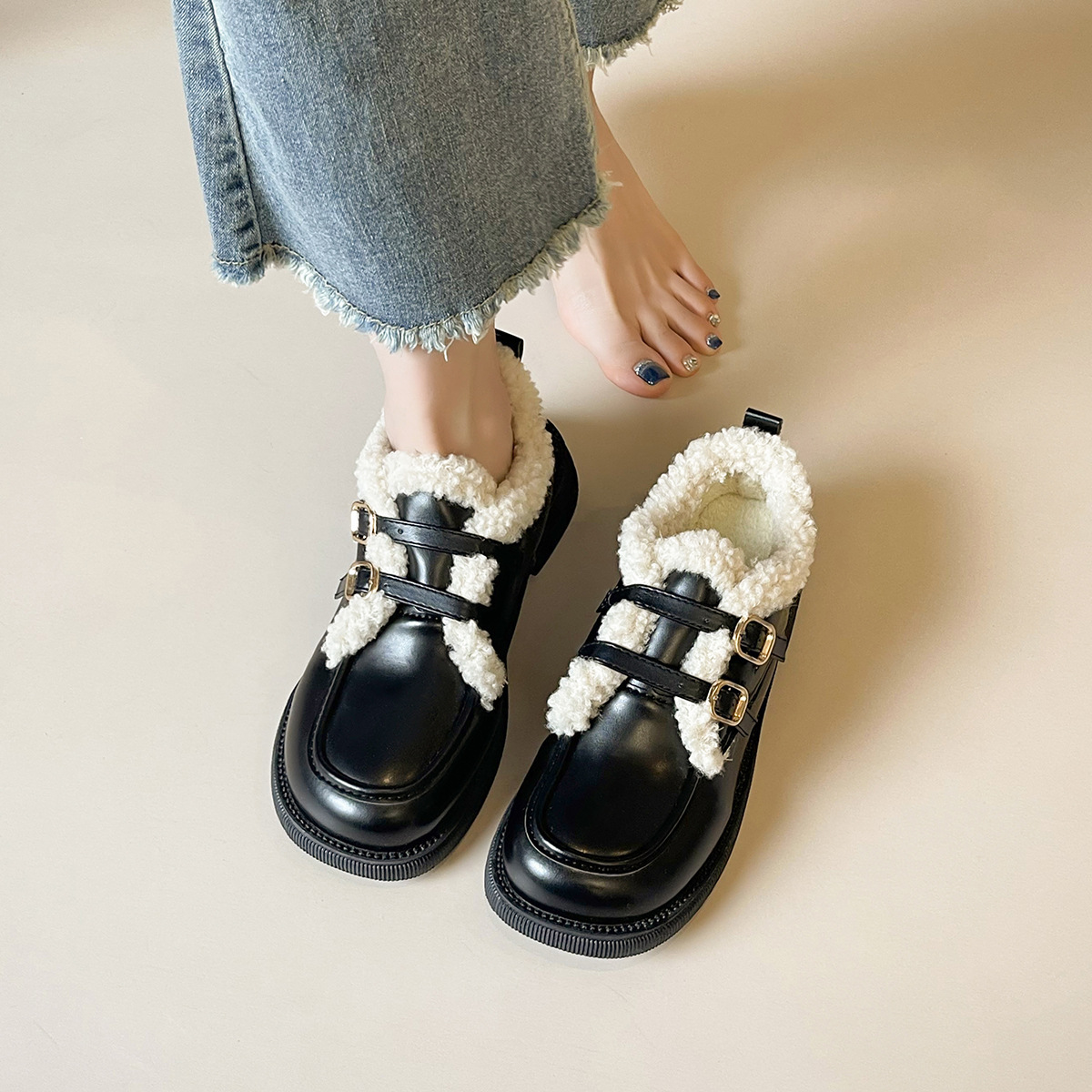 雪地靴女2025新款秋冬季厚底加绒乐福鞋勃肯棉鞋毛毛短靴子小皮鞋