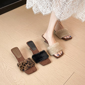 秋冬仙女温柔风毛毛一字带方头异形坡跟拖鞋 葡萄妈同款 增高5cm 女
