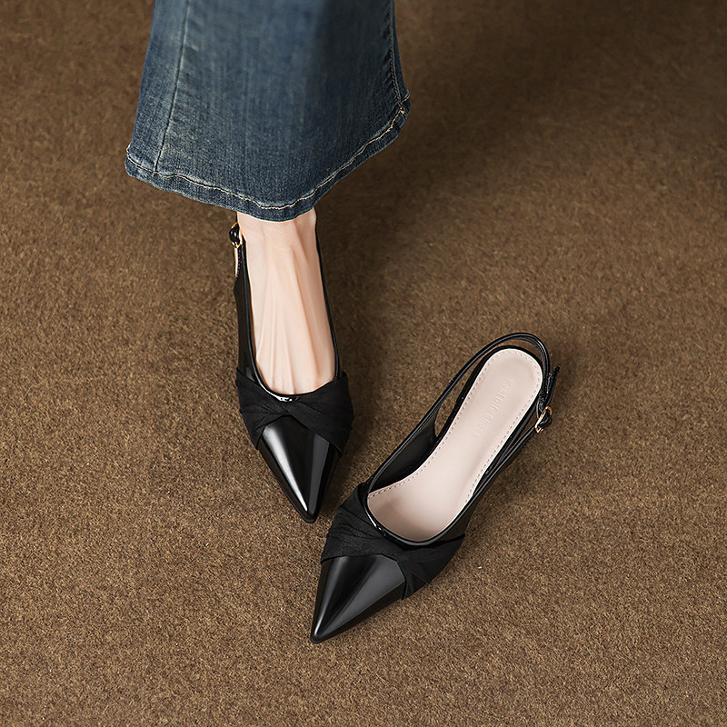 优雅黑色通勤尖头配裙子包头凉鞋女2025夏季新款气质后空浅口单鞋