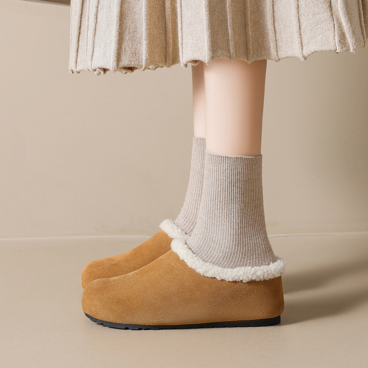 2025年新款内增高6cm加绒勃肯鞋女秋冬保暖简约懒人包头半拖鞋女