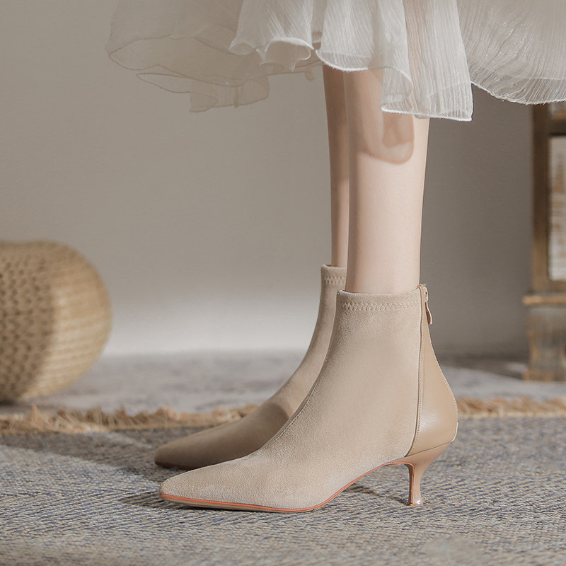 高跟短靴女尖头踝靴2026年新款靴子女秋冬小跟单靴细跟弹力瘦瘦靴