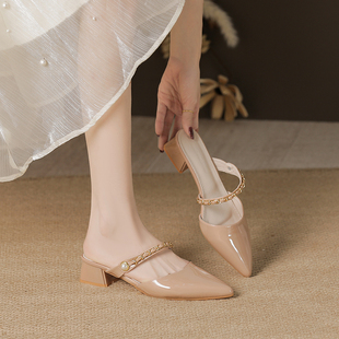 法式粗跟包头凉拖鞋女2026夏季新款4厘米尖头配裙子气质高跟鞋女