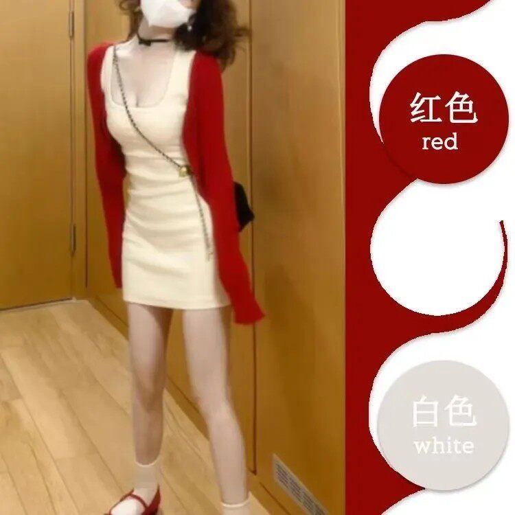 辣妹外搭红色开衫显瘦夏季短裙气质背心外套吊带连衣裙上衣两件套