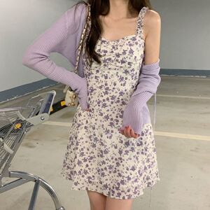 新款碎花连衣裙套装女夏季无袖套头高腰印花吊带裙a字裙短裙
