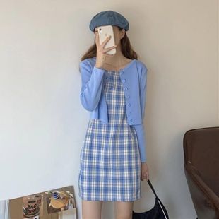 新款格子连衣裙女夏季韩版套头吊带a字裙学生短裙