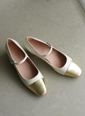 Weslien Rowe玛丽珍鞋小香风浅口真皮高跟鞋银色优雅2024新款女鞋