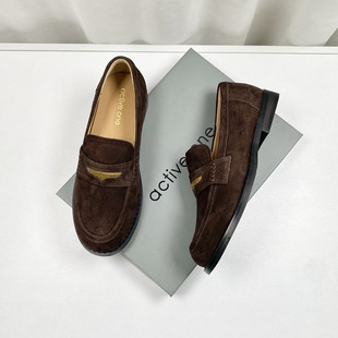 英伦风新款麂皮乐福鞋女圆头一脚蹬金扣通勤平底单鞋磨砂皮深口鞋