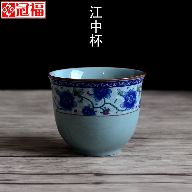 6个装杯子冠福釉中彩陶瓷泡茶壶小茶杯青花饭店青古瓷花江中杯