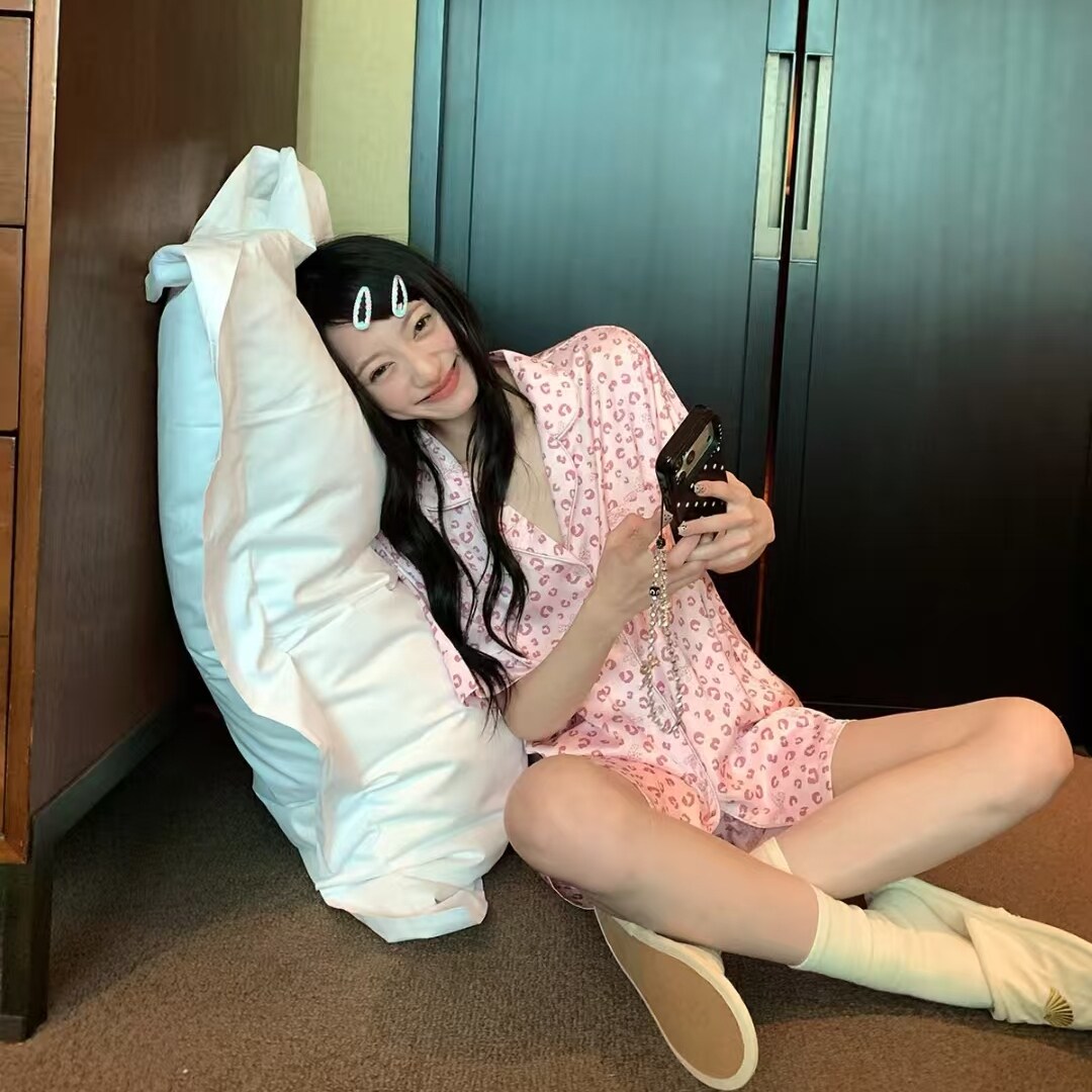 夏季蝴蝶结豹纹印花真丝睡衣女性感可爱风两件套家居服送女友闺蜜