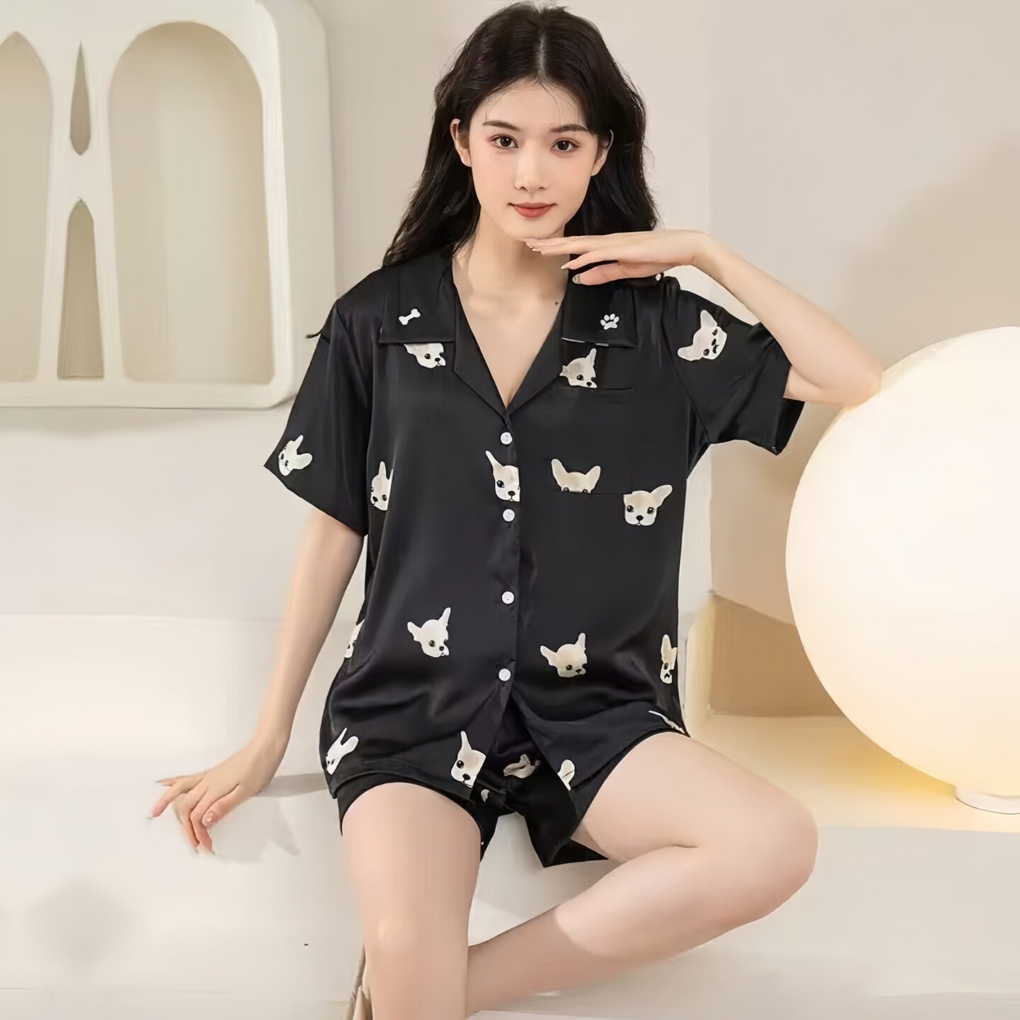 夏季新款卡通小狗真丝睡衣女两件套慵懒可爱风家居服送闺蜜礼盒装