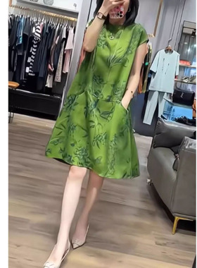 新中式复古改良国风连衣裙新款大码女装胖mm宽松显瘦绿色A版裙子