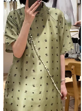 200斤显瘦胖mm复古改良印花旗袍裙大码女装新中式长款A版连衣裙