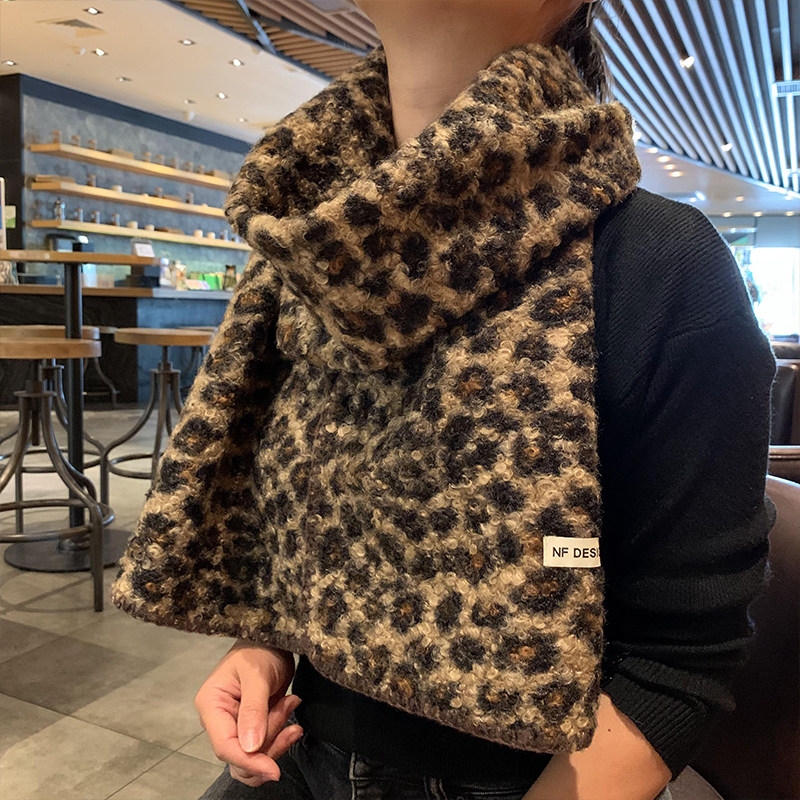 围巾女针织拉绒新品韩国东大门拷边加厚豹纹围脖女秋冬加大披肩