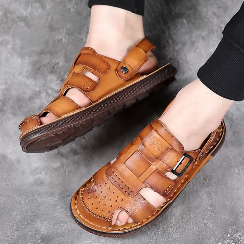 头层牛皮牛筋底男士凉拖鞋2026夏季防滑耐磨包头沙滩鞋男鞋子