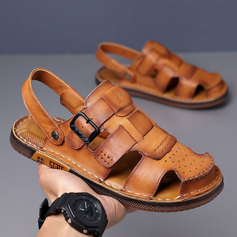 头层牛皮牛筋底男士凉拖鞋2026夏季新款防滑耐磨包头沙滩鞋男鞋