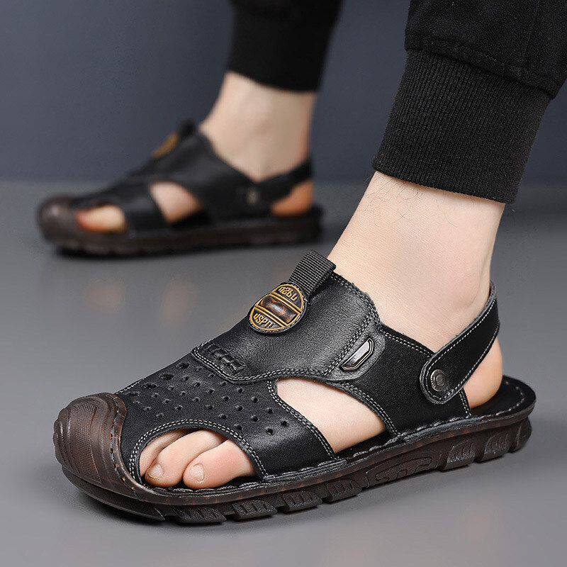 头层牛皮包头男士凉拖鞋2026夏季牛筋底两穿沙滩鞋开车鞋男鞋