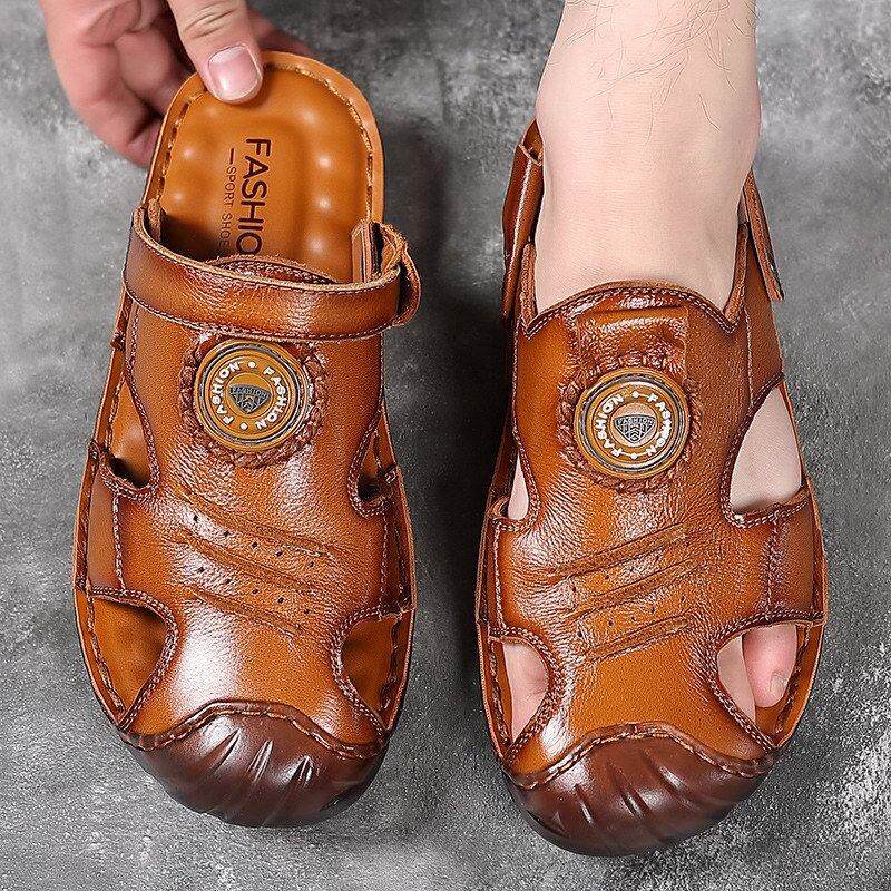 头层牛皮包头男士沙滩鞋2026夏季牛筋底防滑耐磨两穿凉拖鞋男