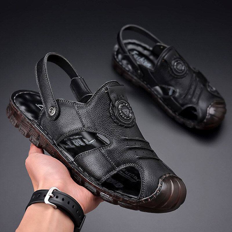 头层牛皮包头男士沙滩鞋2026夏新款牛筋底防滑耐磨两穿凉拖鞋男