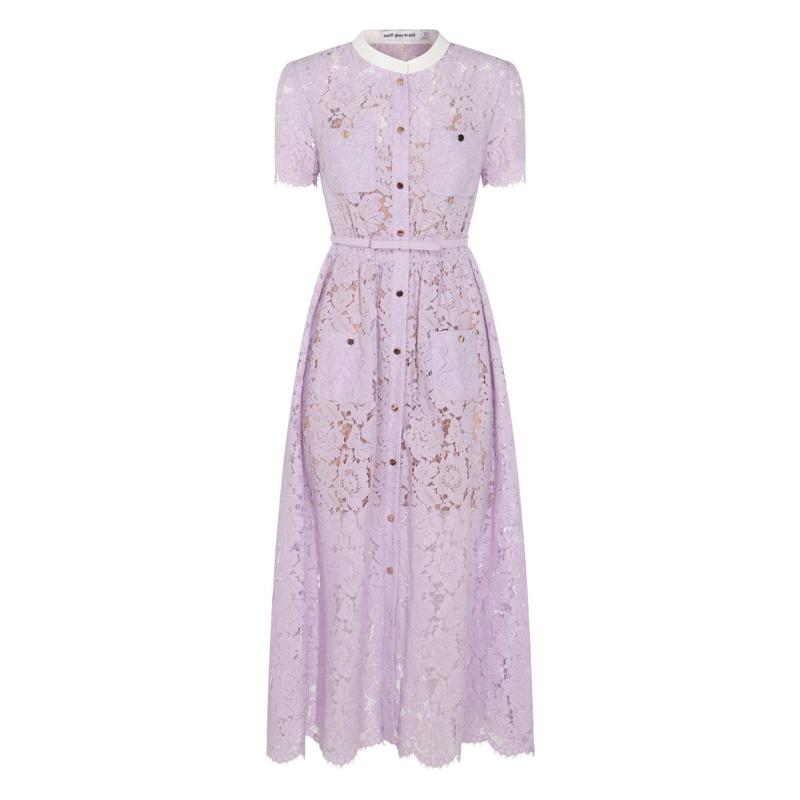 SelfPortrait连衣裙女修身显瘦柔软舒适紫色蕾丝短袖设计