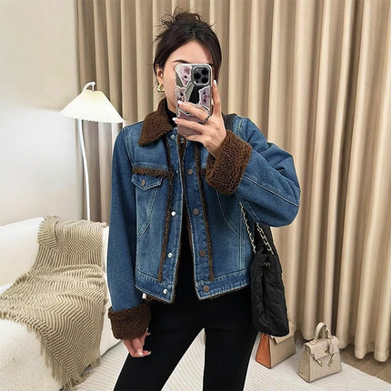 欧货加绒牛仔棉服外套冬季加厚羊羔绒棉衣女超好看复古风加厚外衣