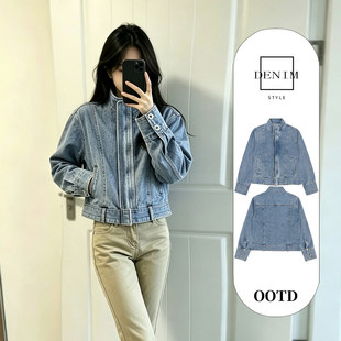 小个子正肩牛仔外套女款早秋季港风复古修身短款立领拉链夹克上衣