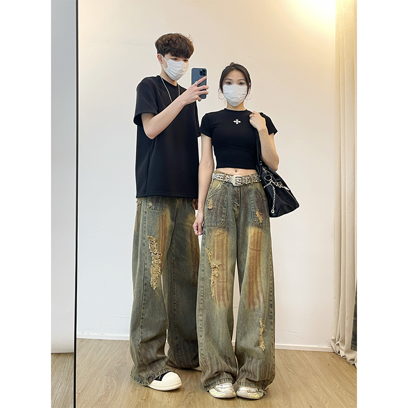 美式复古破洞阔腿牛仔裤男女夏季款废土风低腰宽松直筒拖地长裤子