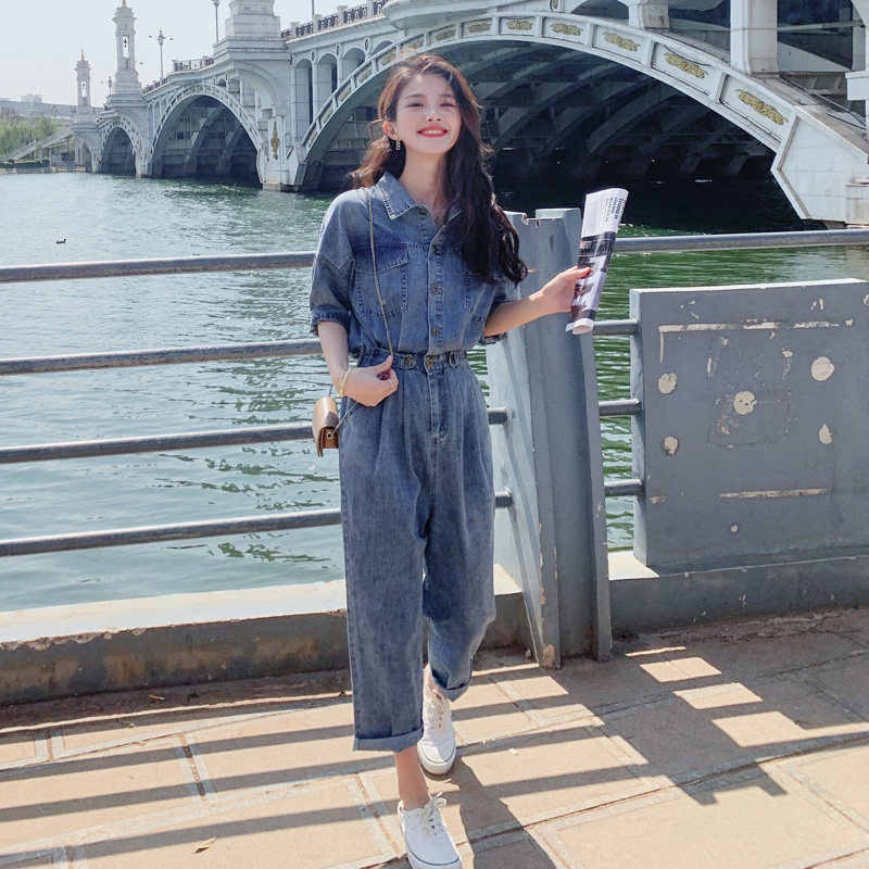 牛仔连体裤套装女夏薄款高腰显瘦2022气质连身裤小个子显瘦九分裤