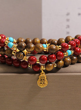 新中式沉香木多圈手链轻奢小众复古民族风紫金砂平安葫芦招财手串