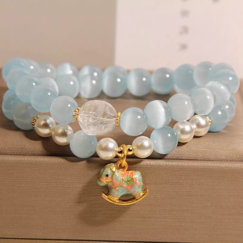 新中式高级感渐变粉猫眼石双圈手链女轻奢小众可爱小木马叠戴手串