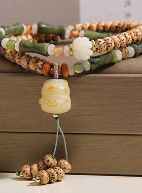 禅意星月菩提玉石竹节双层手链轻奢小众高级感招财猫挂坠精致手串