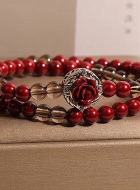双圈天然安哥拉红贝珠水晶手链女款轻奢小众紫金砂花朵手串送闺蜜